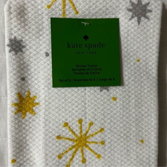 kate spade Christmas Star White Gold Silver Gray Cotton Kitchen 2 Towel Set - Picture 3 of 8